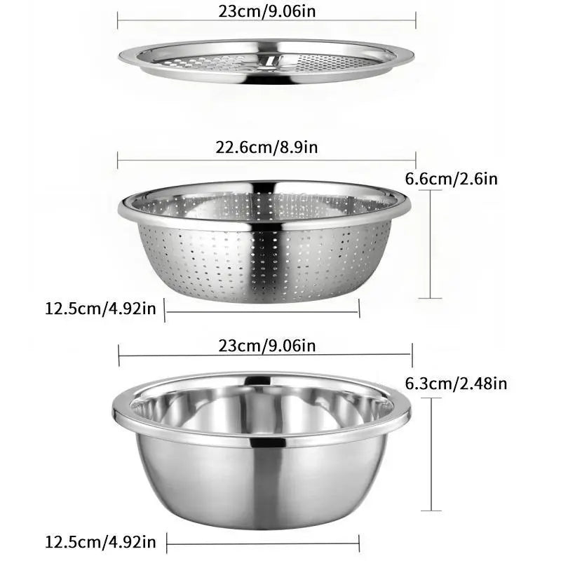 3-in-1 Stainless Steel Kitchen Prep Set – Mixing Bowl, Colander & Multi-Blade Grater for Washing, Draining & Slicing Vegetables