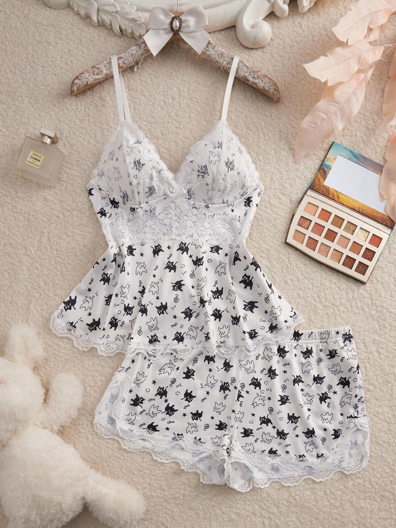 Women's Lace Trim Printed Cami Pajama Set – 2-Piece Soft Sleepwear & Loungewear Set (S–2XL)