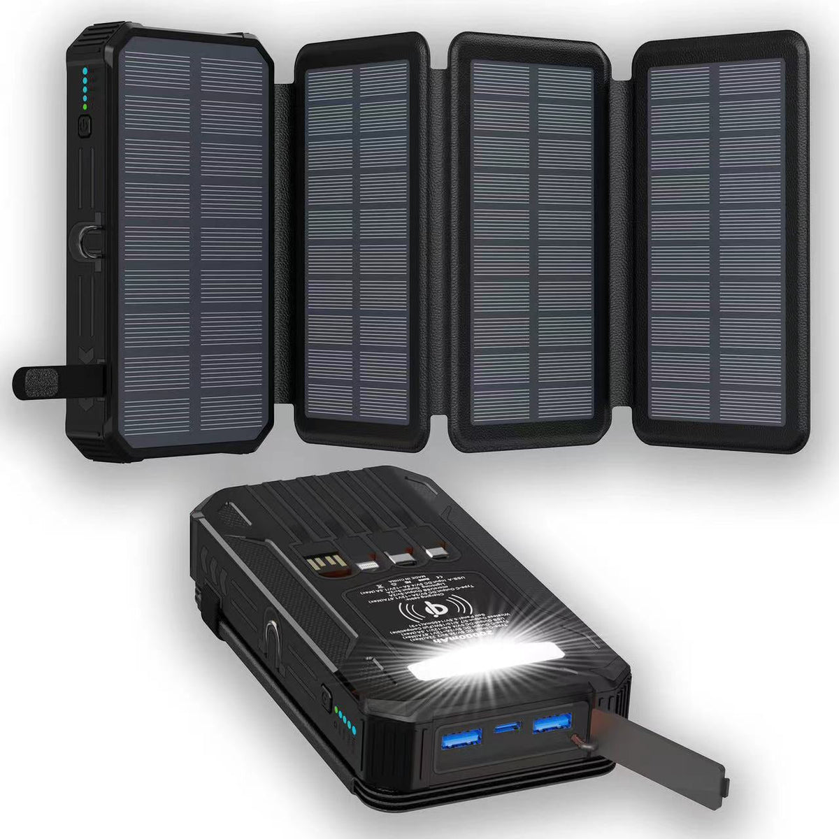 🔦 Portable Solar Power Bank – Solar Charging, Dual LED Lights, Outdoor Ready ✨
