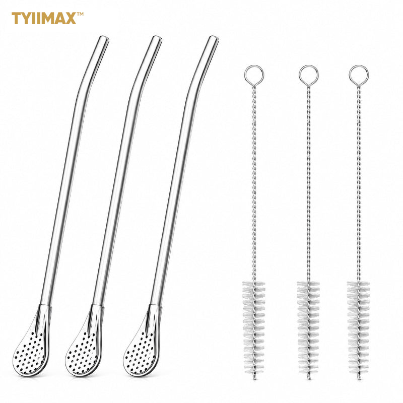 TYIIMAX™ 2-in-1 Stainless Steel Straw & Spoon – Reusable Drinking Straw with Stirring Spoon, Filter & Cleaning Brush