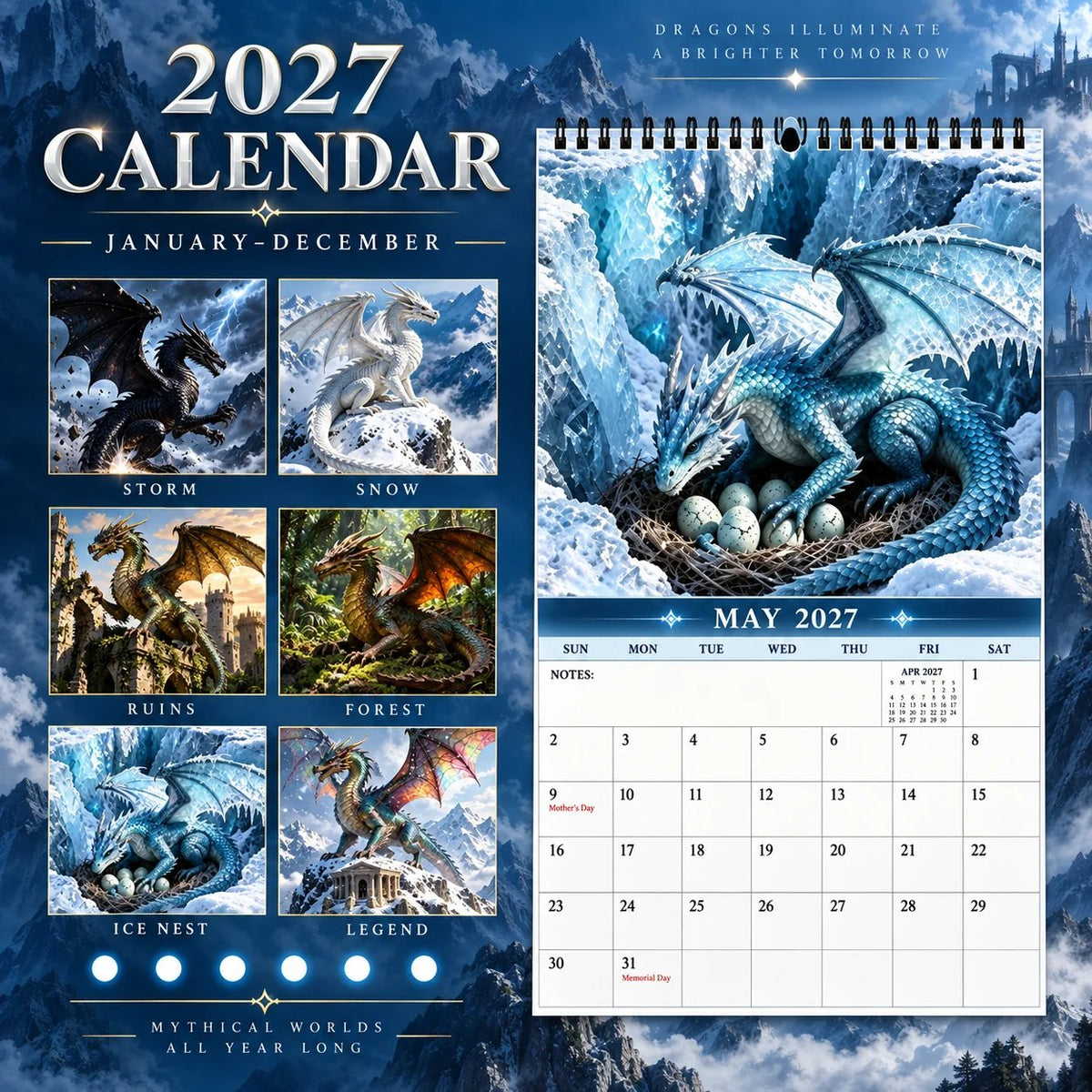 Dragons World 2027 Wall Calendar โ 12-Month Epic Fantasy Dragon Calendar, Mystical Legendary Art Hanging Planner for Dragon Lovers
