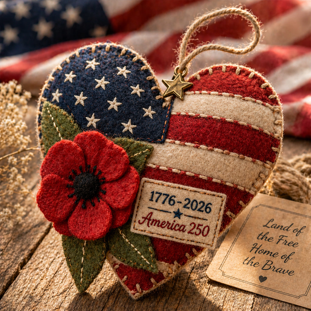 Handmade America 250 Heart Ornament – Patriotic Fabric Decor with Poppy Flower (1776–2026 Anniversary Edition)