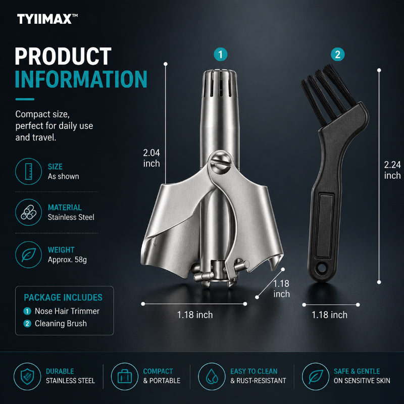 TYIIMAX™ Manual Nose Hair Trimmer – Stainless Steel 360° Trimmer, Waterproof & No Battery Required