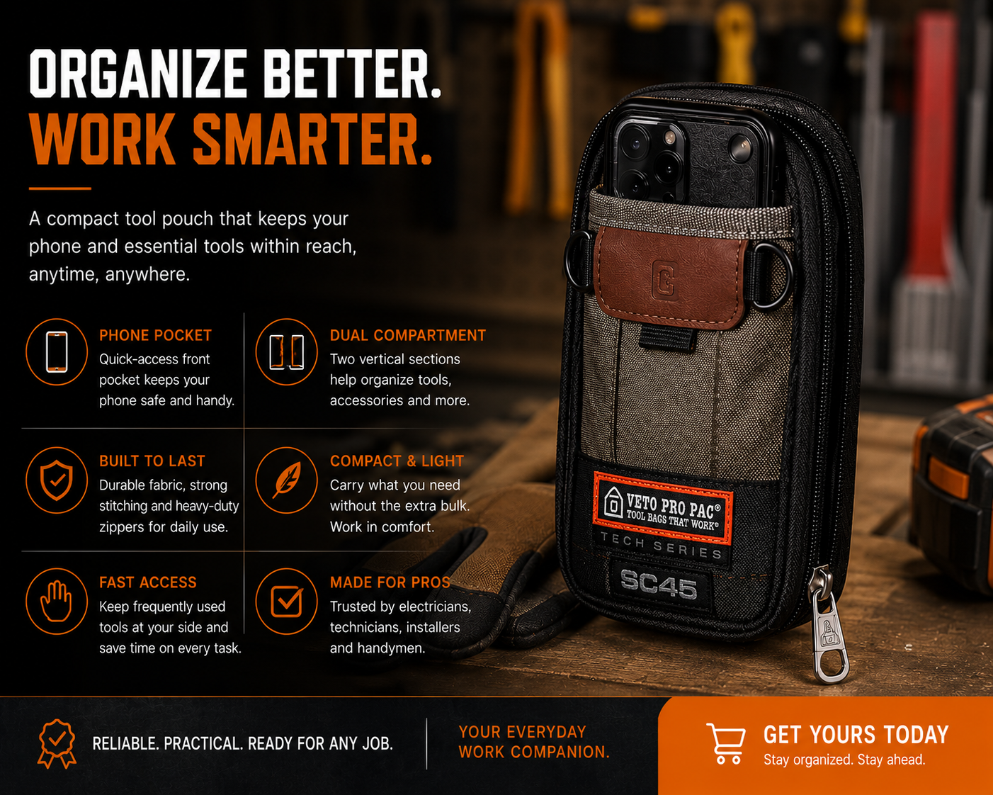 ๐ง Compact Technician Tool Pouch with Phone Pocket & Dual-Layer Storage