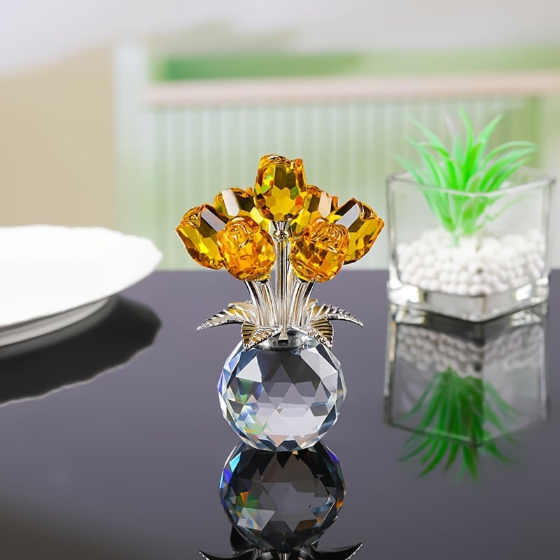 🎁Mother's Day Sale❤️ Crystal Colourful Rose Flower Collectible Figurine with Vase