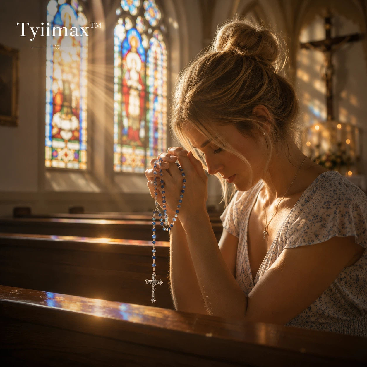 TYIIMAX™ Ocean Blue Crystal Rosary Necklace with Prayer Case – Catholic Glass Bead Rosary Gift