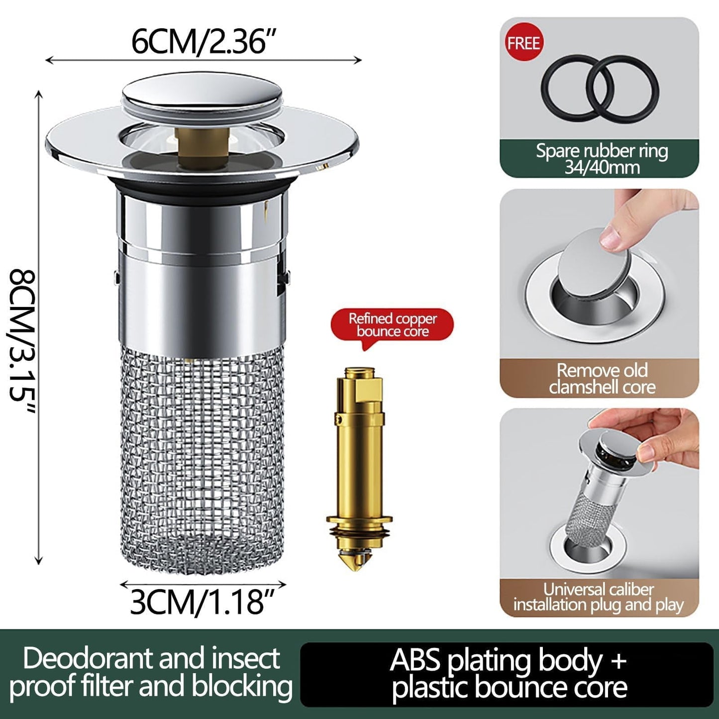 Bathroom Sink Drain Strainer & Pop-Up Plug, 3.15 Inch Stainless Steel Hair Catcher, Anti-Clog Filter Basket with Removable Mesh, Replacement Waste Plug for Washbasin