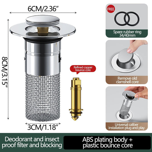 Bathroom Sink Drain Strainer & Pop-Up Plug, 3.15 Inch Stainless Steel Hair Catcher, Anti-Clog Filter Basket with Removable Mesh, Replacement Waste Plug for Washbasin