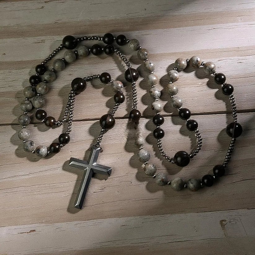 Natural Obsidian Yooperlite Rosary Necklace