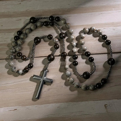 Natural Obsidian Yooperlite Rosary Necklace