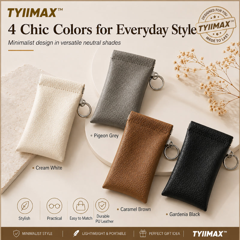 TYIIMAX™ Minimalist PU Leather Eyeglasses Pouch – Portable Sunglasses Case with Built-In Cleaning Cloth & Key Ring