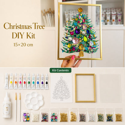 🎄 DIY Jeweled Christmas Tree Art Kit | Colorful Gems, Pearls, Paints & Gold-Tone Floating Display Frame 💎✨