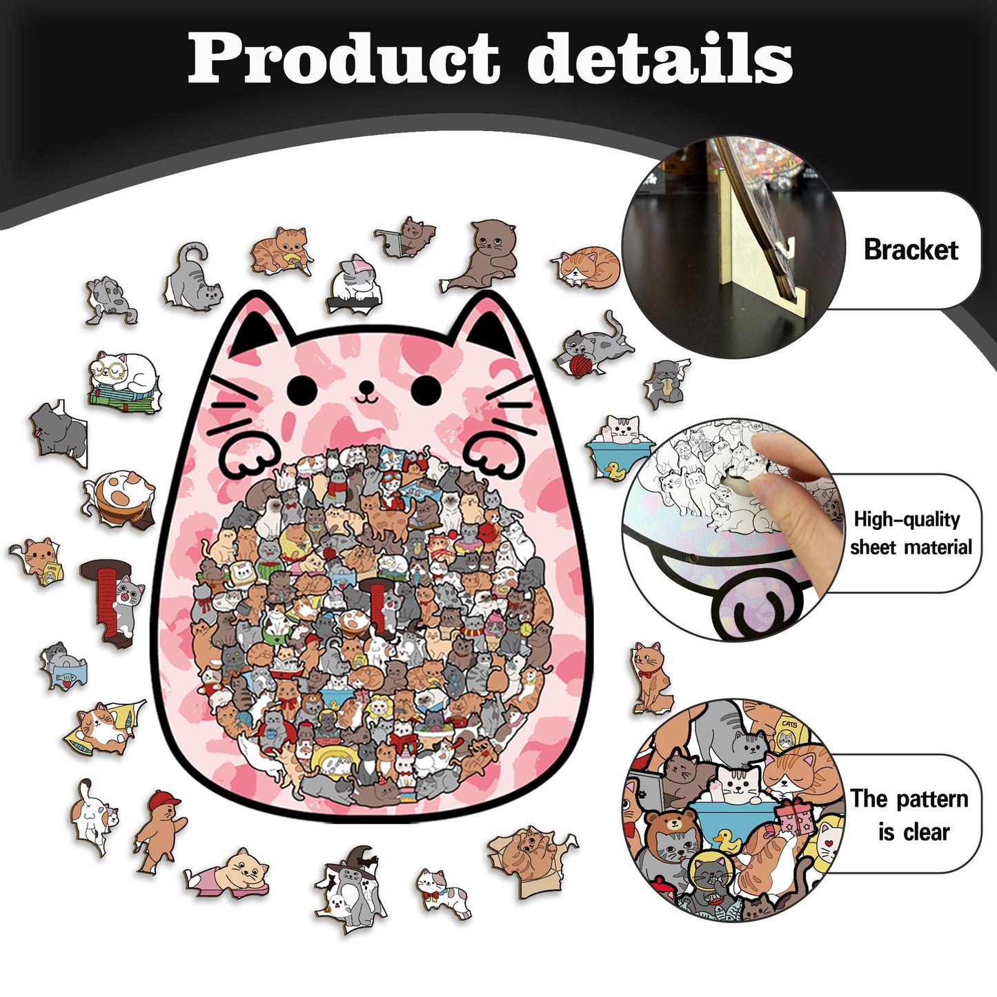 TYIIMAX™ Cat Wooden Jigsaw Puzzle – 135-Piece Cat-Shaped Puzzle with Tiny Cat Pieces & Display Stand