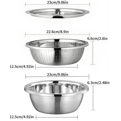 3-in-1 Stainless Steel Kitchen Prep Set – Mixing Bowl, Colander & Multi-Blade Grater for Washing, Draining & Slicing Vegetables