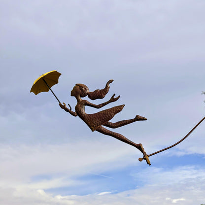 Rustic Metal Girl Balance Garden Stake – Kinetic Wind Balancer with Umbrella, Vintage Outdoor Yard Art
