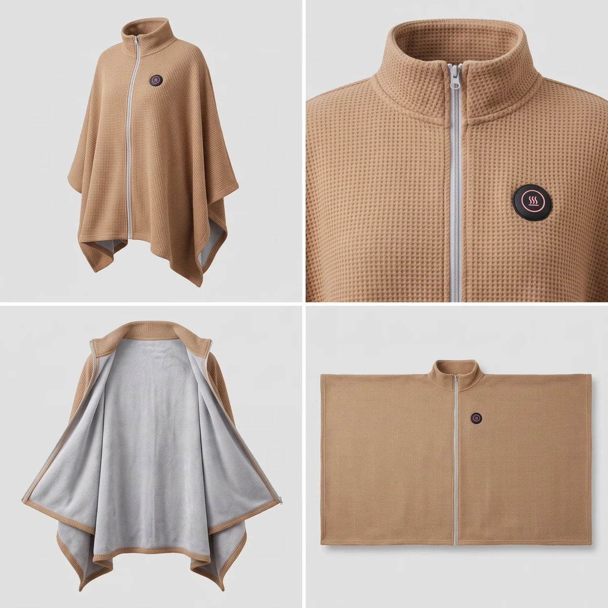 Beige heated shawl shown from front and back with zip and button details