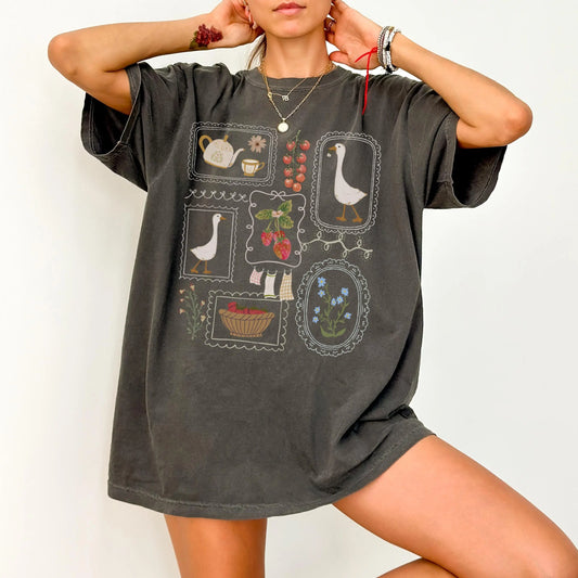 🪿Vintage Cottagecore Goose Graphic T-Shirt – Oversized Soft Cotton Tee for Women