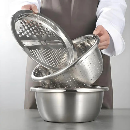 3-in-1 Stainless Steel Kitchen Prep Set – Mixing Bowl, Colander & Multi-Blade Grater for Washing, Draining & Slicing Vegetables