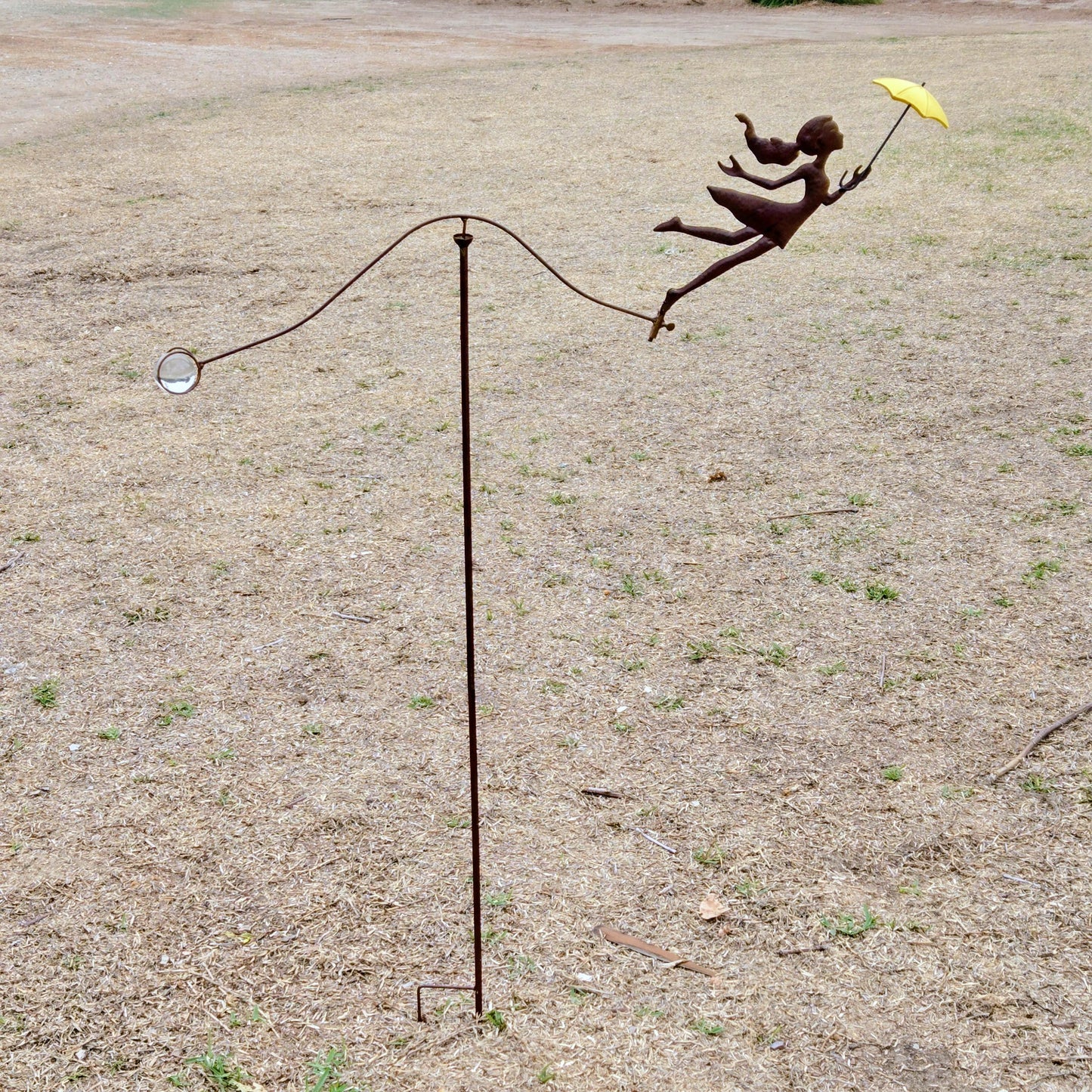 Rustic Metal Girl Balance Garden Stake – Kinetic Wind Balancer with Umbrella, Vintage Outdoor Yard Art