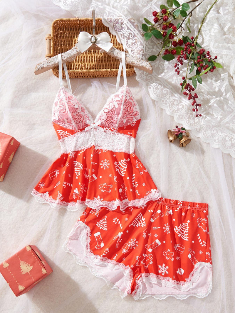 Women's Lace Trim Printed Cami Pajama Set – 2-Piece Soft Sleepwear & Loungewear Set (S–2XL)