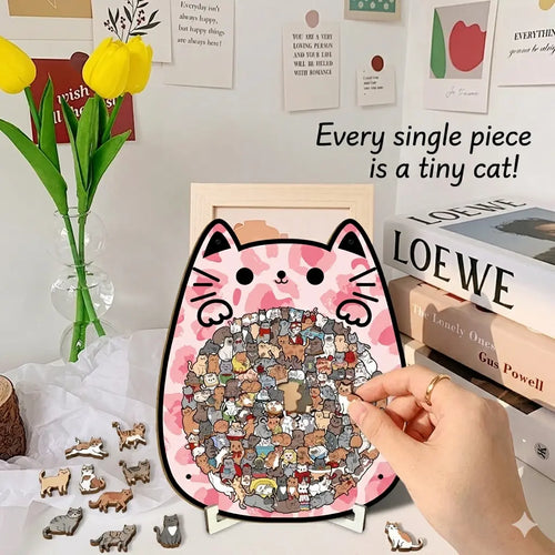 TYIIMAX™ Cat Wooden Jigsaw Puzzle – 135-Piece Cat-Shaped Puzzle with Tiny Cat Pieces & Display Stand