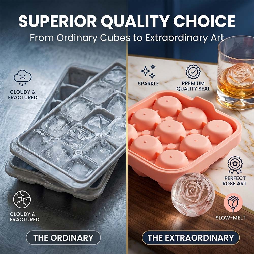 Rose Ice Cube Tray – 9-Cavity Silicone Mold for Whiskey & Cold Drinks