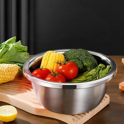 3-in-1 Stainless Steel Kitchen Prep Set – Mixing Bowl, Colander & Multi-Blade Grater for Washing, Draining & Slicing Vegetables