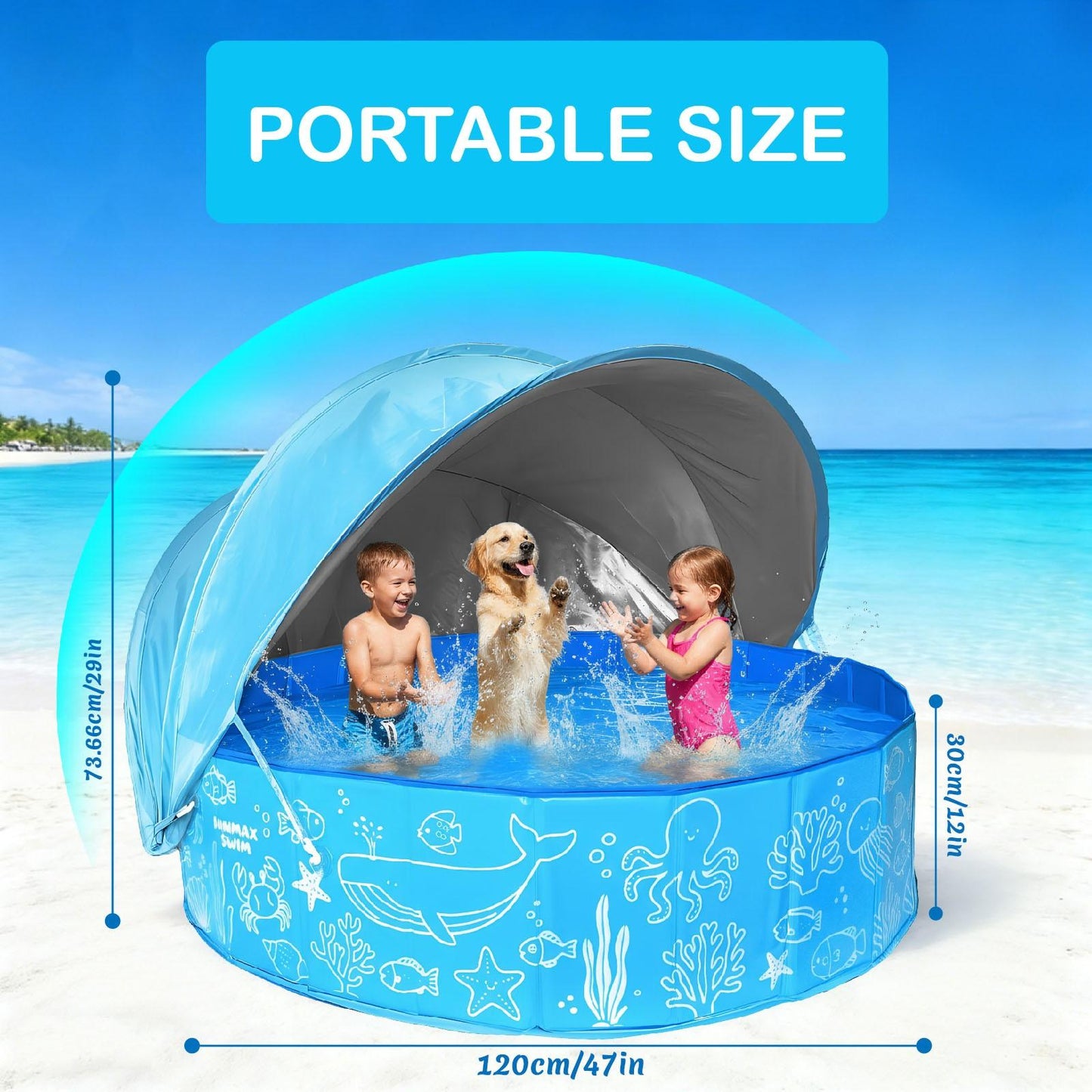 Foldable Kids Pool with Canopy – Portable Baby Splash Pool & Beach Tent for Toddlers, Kids & Pets