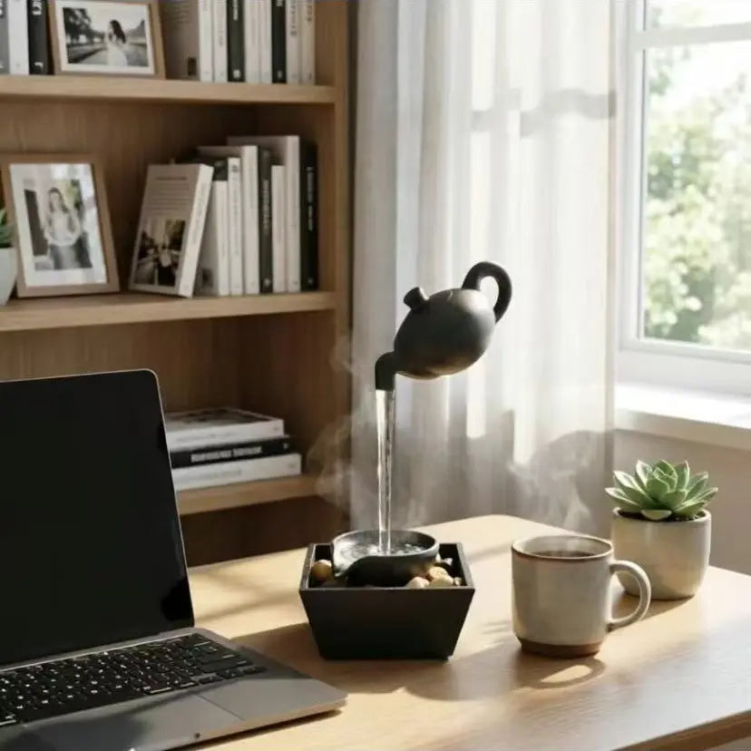 TYIIMAX™ Zen Floating Teapot Fountain – LED Indoor Water Fountain for Home & Office Décor