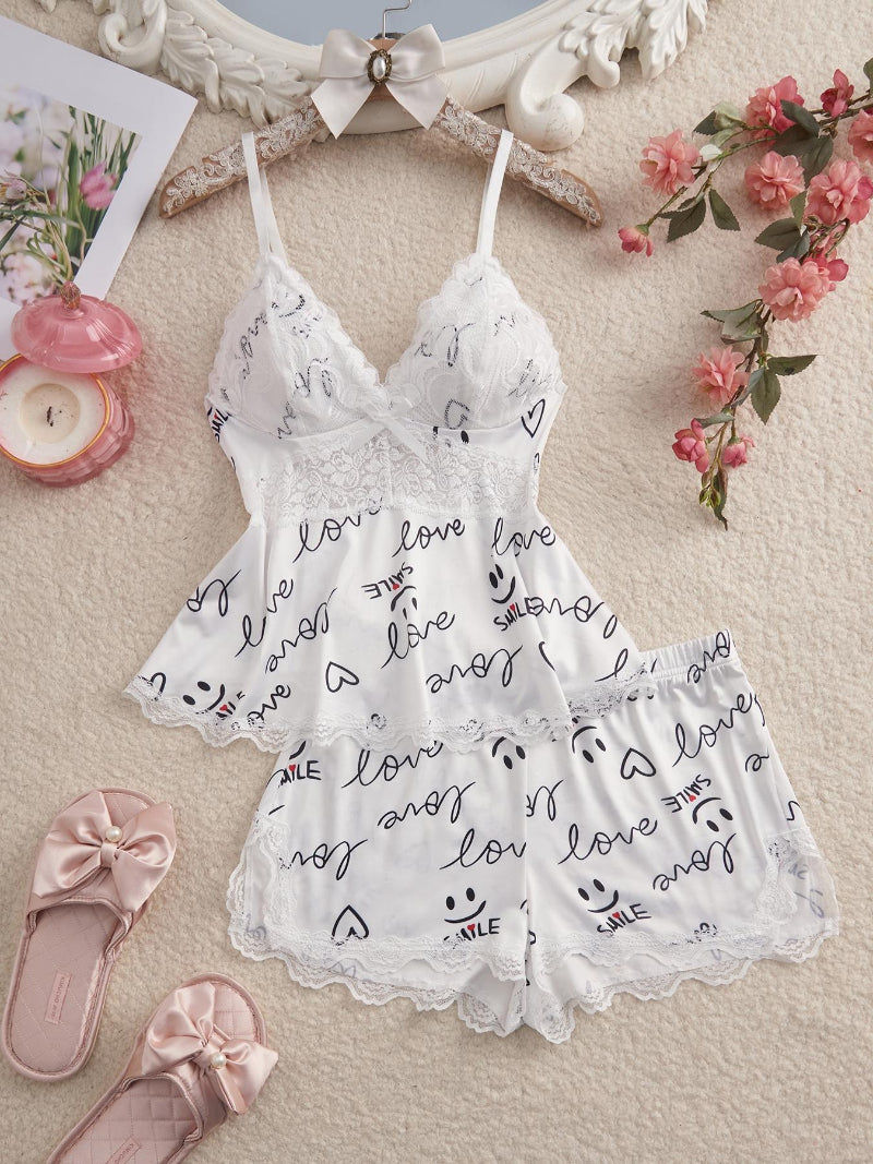 Women's Lace Trim Printed Cami Pajama Set – 2-Piece Soft Sleepwear & Loungewear Set (S–2XL)