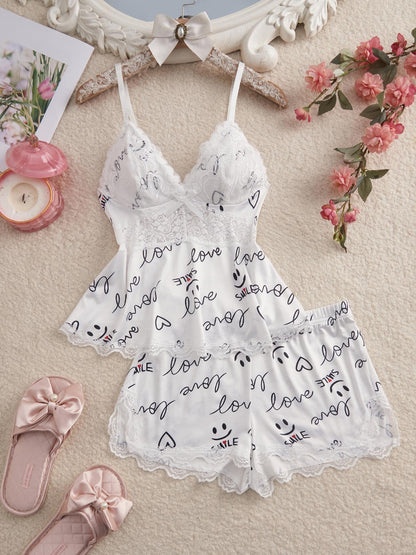 Women's Lace Trim Printed Cami Pajama Set – 2-Piece Soft Sleepwear & Loungewear Set (S–2XL)