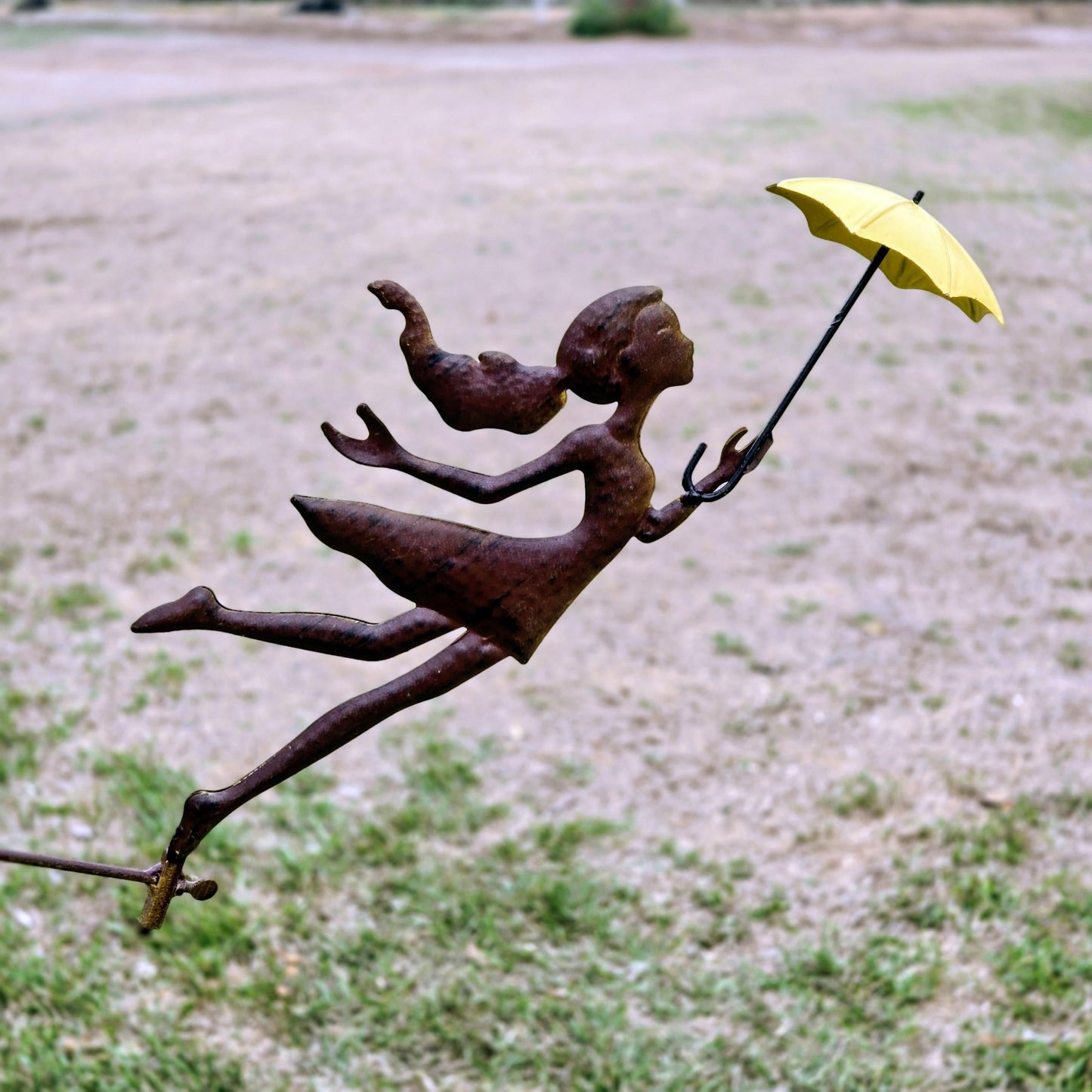 Rustic Metal Girl Balance Garden Stake – Kinetic Wind Balancer with Umbrella, Vintage Outdoor Yard Art
