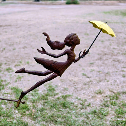 Rustic Metal Girl Balance Garden Stake – Kinetic Wind Balancer with Umbrella, Vintage Outdoor Yard Art
