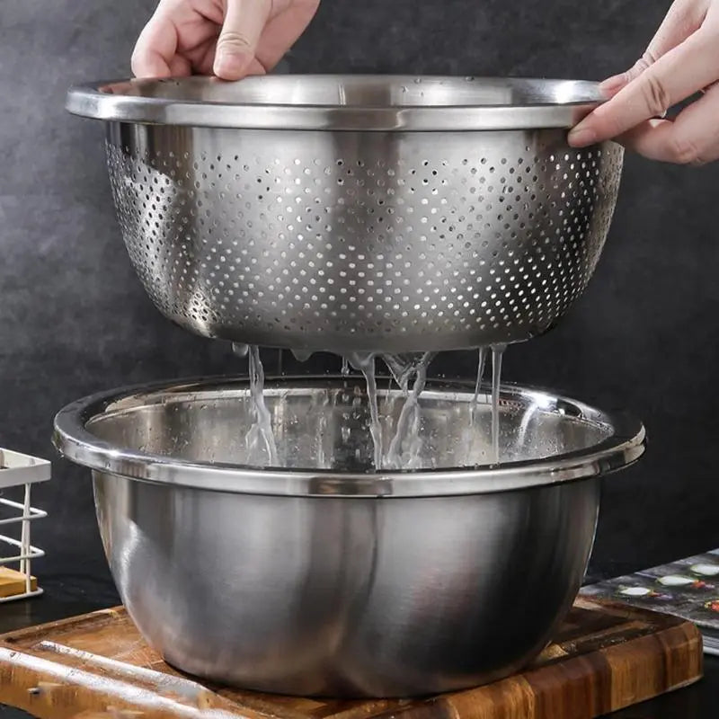 3-in-1 Stainless Steel Kitchen Prep Set – Mixing Bowl, Colander & Multi-Blade Grater for Washing, Draining & Slicing Vegetables