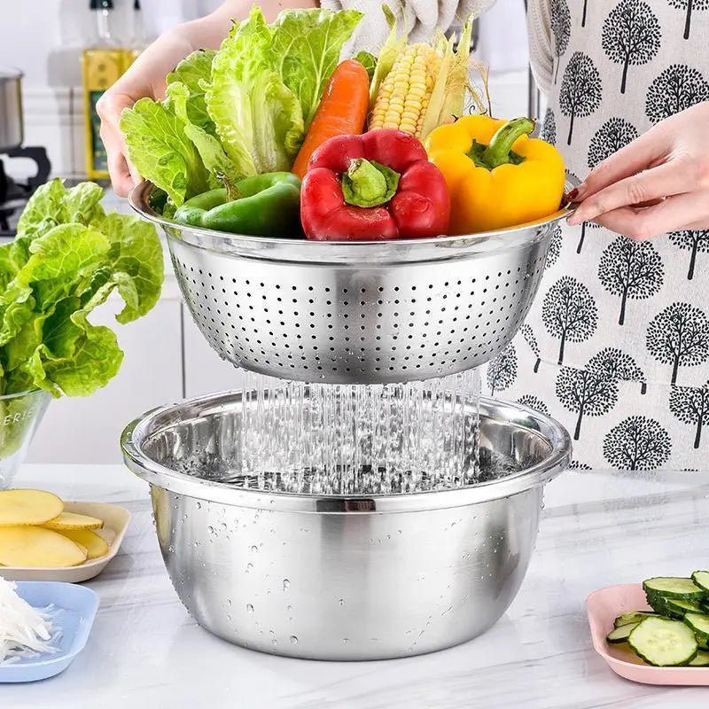 3-in-1 Stainless Steel Kitchen Prep Set – Mixing Bowl, Colander & Multi-Blade Grater for Washing, Draining & Slicing Vegetables