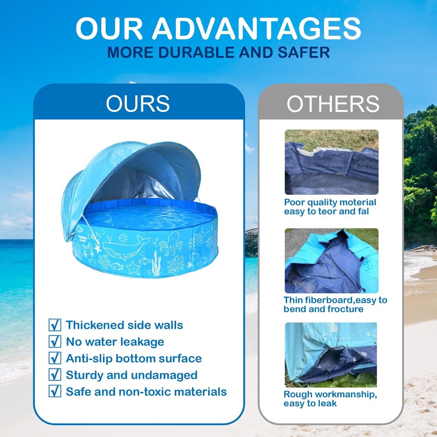 Foldable Kids Pool with Canopy – Portable Baby Splash Pool & Beach Tent for Toddlers, Kids & Pets