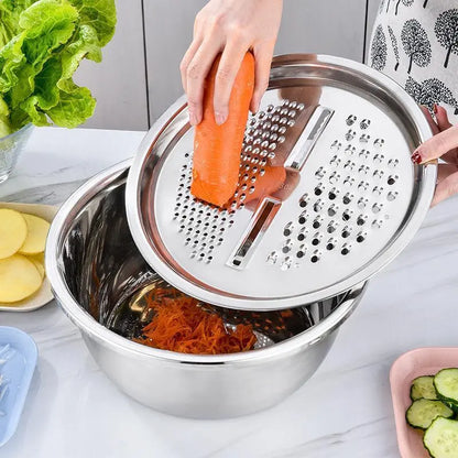 3-in-1 Stainless Steel Kitchen Prep Set – Mixing Bowl, Colander & Multi-Blade Grater for Washing, Draining & Slicing Vegetables