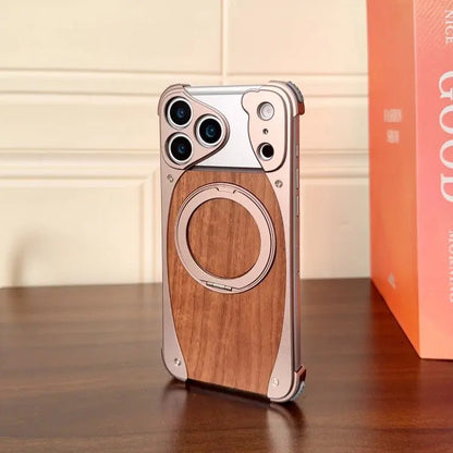 Premium Wood & Aluminum Magnetic Phone Case with Stand