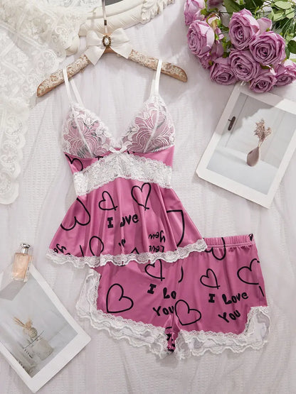 Women's Lace Trim Printed Cami Pajama Set – 2-Piece Soft Sleepwear & Loungewear Set (S–2XL)