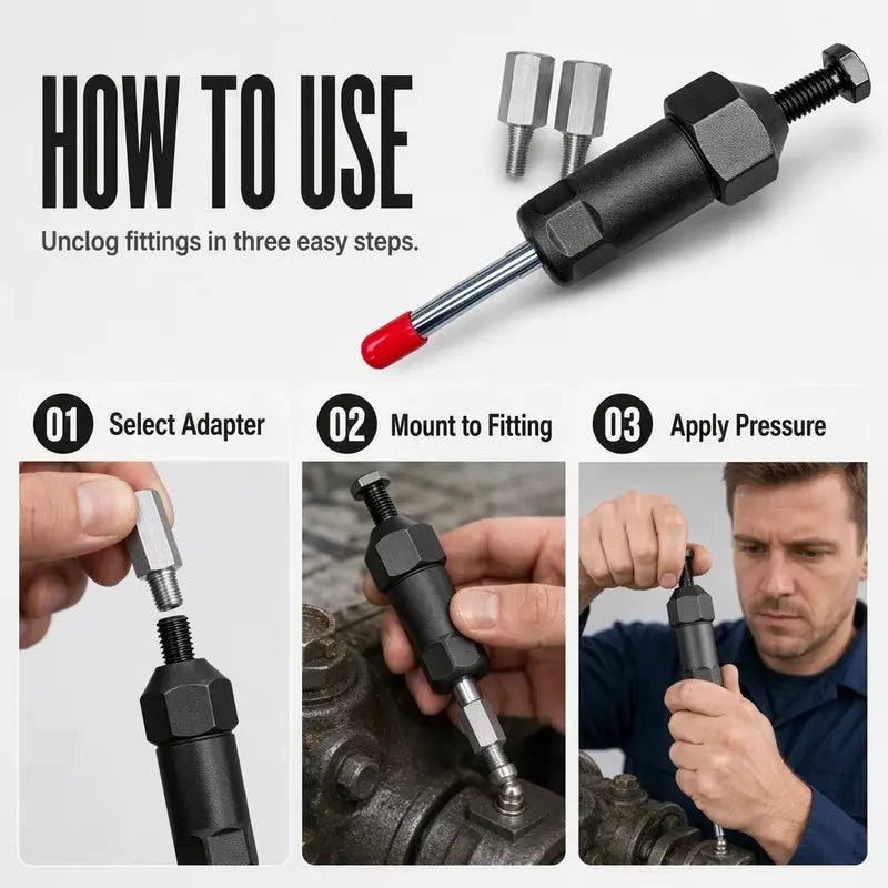 TYIIMAX™ Heavy-Duty Grease Fitting Cleaner – 600 PSI High-Pressure Grease Gun Unclogging Tool with M6/M8/M10 Adapters
