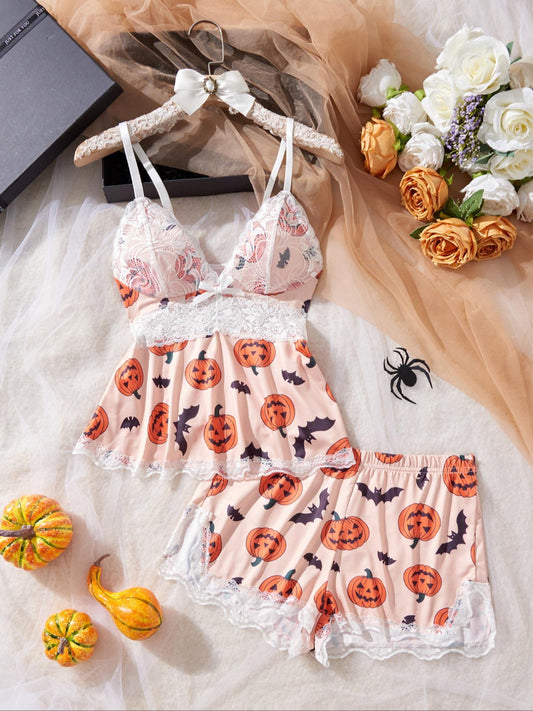 Women's Lace Trim Printed Cami Pajama Set – 2-Piece Soft Sleepwear & Loungewear Set (S–2XL)
