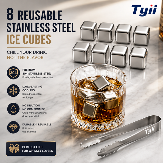 8PCS Stainless Steel Whiskey Stones – Reusable Metal Ice Cubes with Tongs