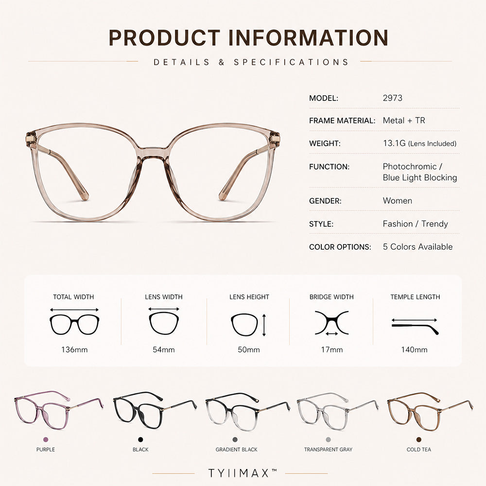 TYIIMAX™ Women's Photochromic Prescription Glasses – Oversized Fashion Frames with Blue Light Protection