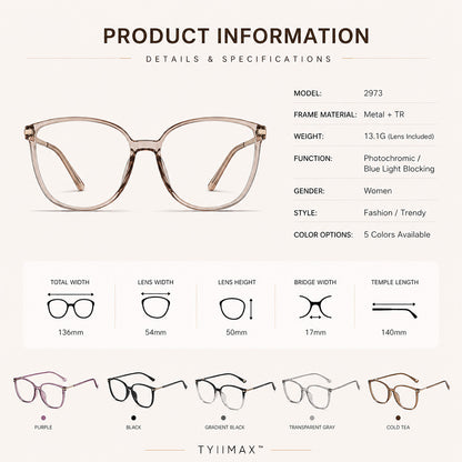 TYIIMAX™ Women's Photochromic Prescription Glasses – Oversized Fashion Frames with Blue Light Protection