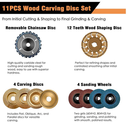11PCS Wood Carving Disc Set for 4" or 4½" Angle Grinder – Stump Tool Grinding Wheel, Woodworking Attachment
