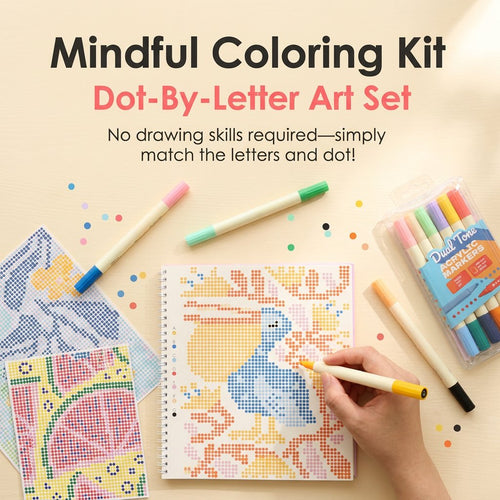 🎨📖Dot-By-Letter Mindful Coloring Kit - Stress Relief Dot Marker Art Set with 10 Vibrant Colors & 20 Hidden Scene