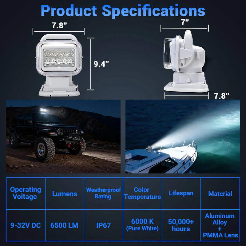 50W Remote Control 360° Rotating LED Searchlight