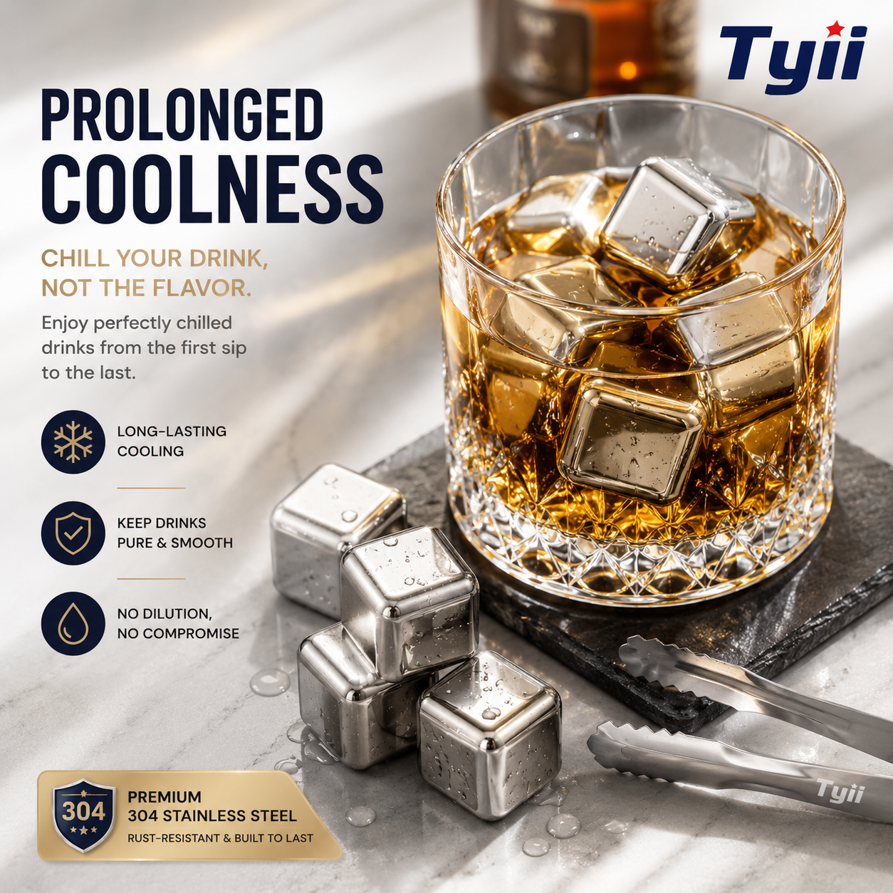 8PCS Stainless Steel Whiskey Stones – Reusable Metal Ice Cubes with Tongs