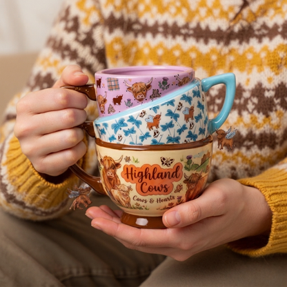 Highland Cow Ceramic Mug – Unique Stacked-Style Design Coffee Cup, Cute Farm Animal Mug for Cow Lovers