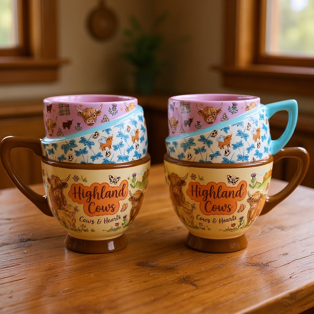 Highland Cow Ceramic Mug – Unique Stacked-Style Design Coffee Cup, Cute Farm Animal Mug for Cow Lovers